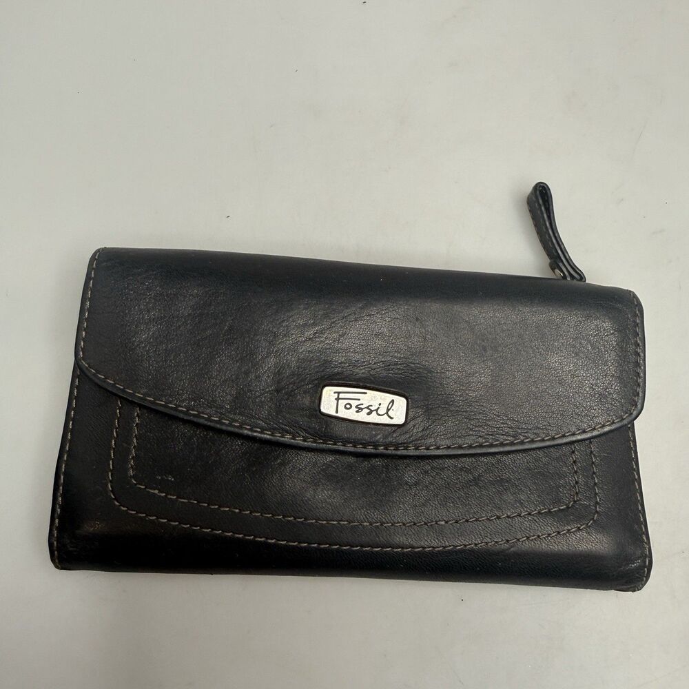 Fossil Black Leather Long Checkbook Card Holder Organizer Wallet Billfold - Picture 11 of 16